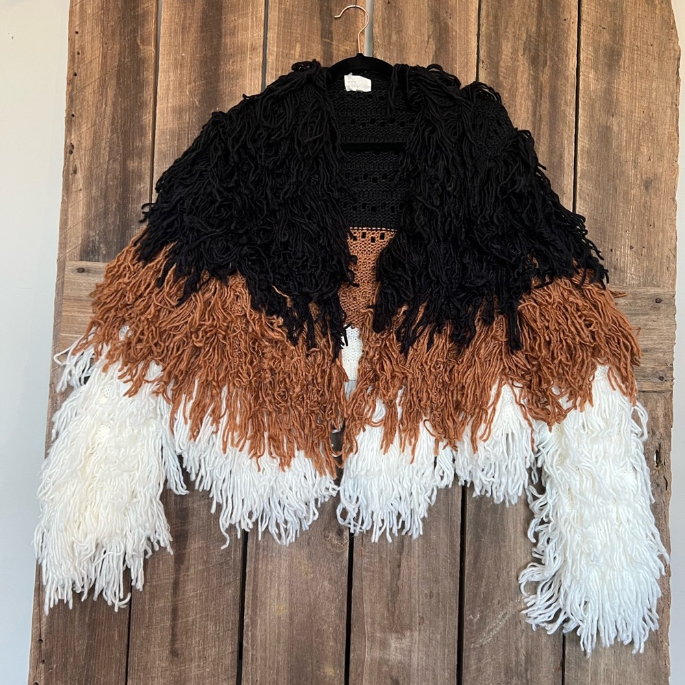 Dee Elly Size Small Wool Blend Color Block Fringe… - image 3